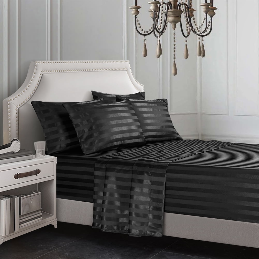 AiMay Italian Style  6 Piece Satin Bed Sheet Set Stripes Super Soft Deep Pocket 1800 Luxury Rich Silk 1 Flat Sheet 1 Fitted Sheet 4 Envelope Pillowcases Stain-Resistant Wrinkle Free (Queen, Black)