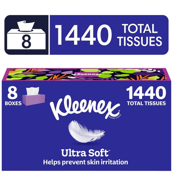 Kleenex Ultra Soft 3-Ply Flat Box Facial Tissues, 8 Pack (1440 Total Tissues)