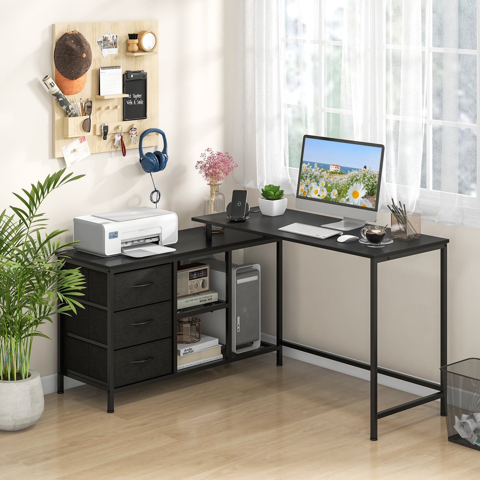 Topbuy L-Shaped Computer Desk with Drawers & Shelves 81” Convertible Home Office Desk with Charging Station Black
