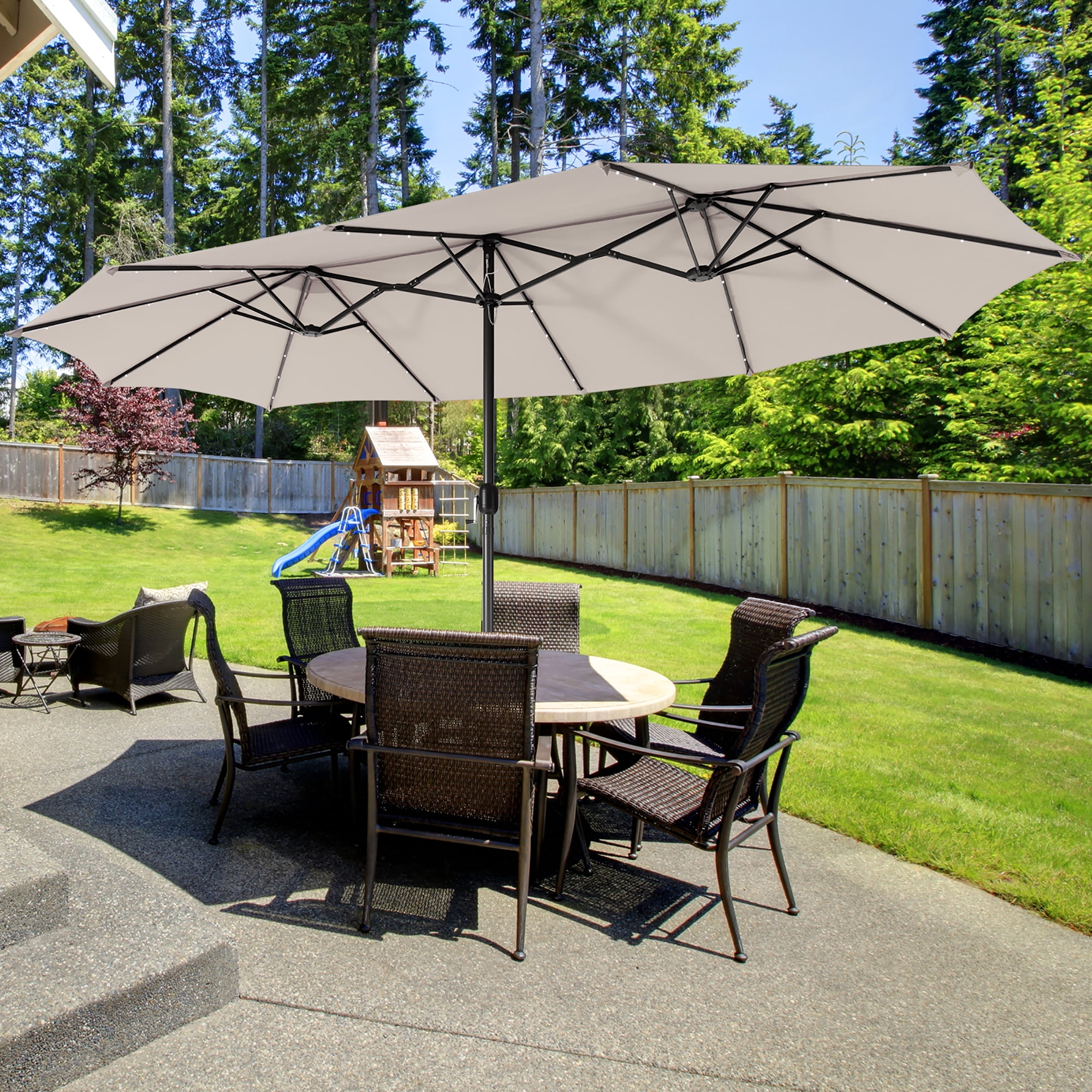 Gymax 15Ft Solar LED Patio Outdoor Double-Sided Umbrella w/ 48 Lights Crank Beige