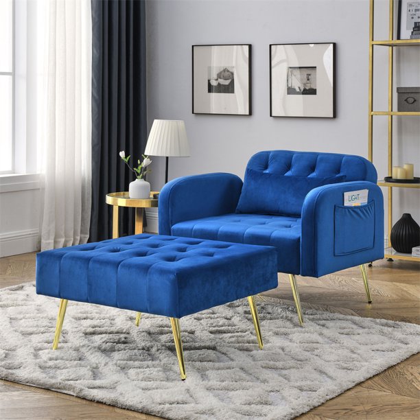 Velvet Accent Chair with Ottoman, Modern Button Tufted Recliner Chair Armchair with Adjustable