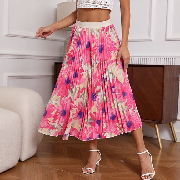VBVC Women's Plus Floral Pleated Midi Skirt,Ladies High Waist Boho A-Line Skirt,Summer Boho Beach Vacation Skirt For Women,Multicolor,XL-5XL