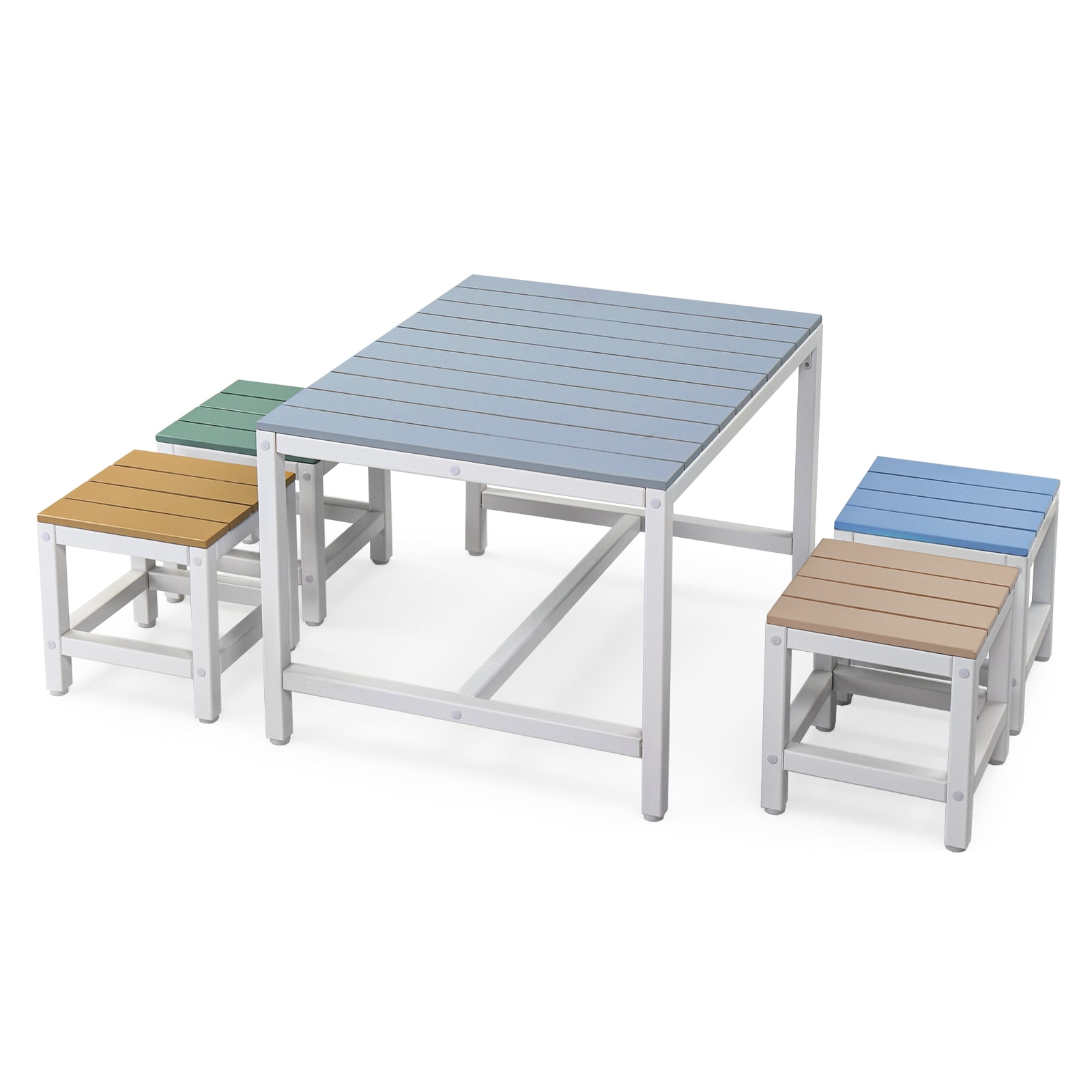 5-Piece Children's Patio Table And Chair Set (1 Table + 4 Stools), 29.5 Inches, Blue-Khaki, Light Orange, Blue-Green Color Blocking