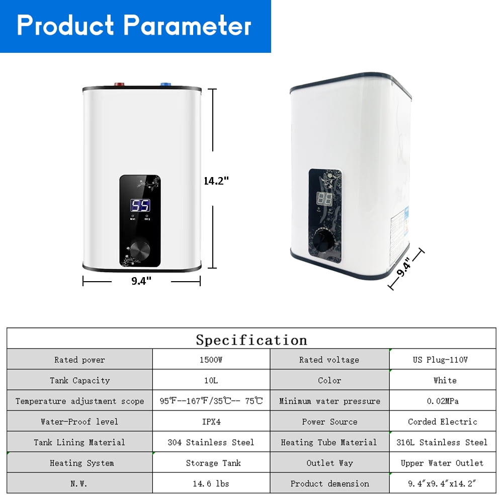 Imeshbean Electric 110 Volts 1500 Watts Tank Water Heater for Home, 10L Capacity