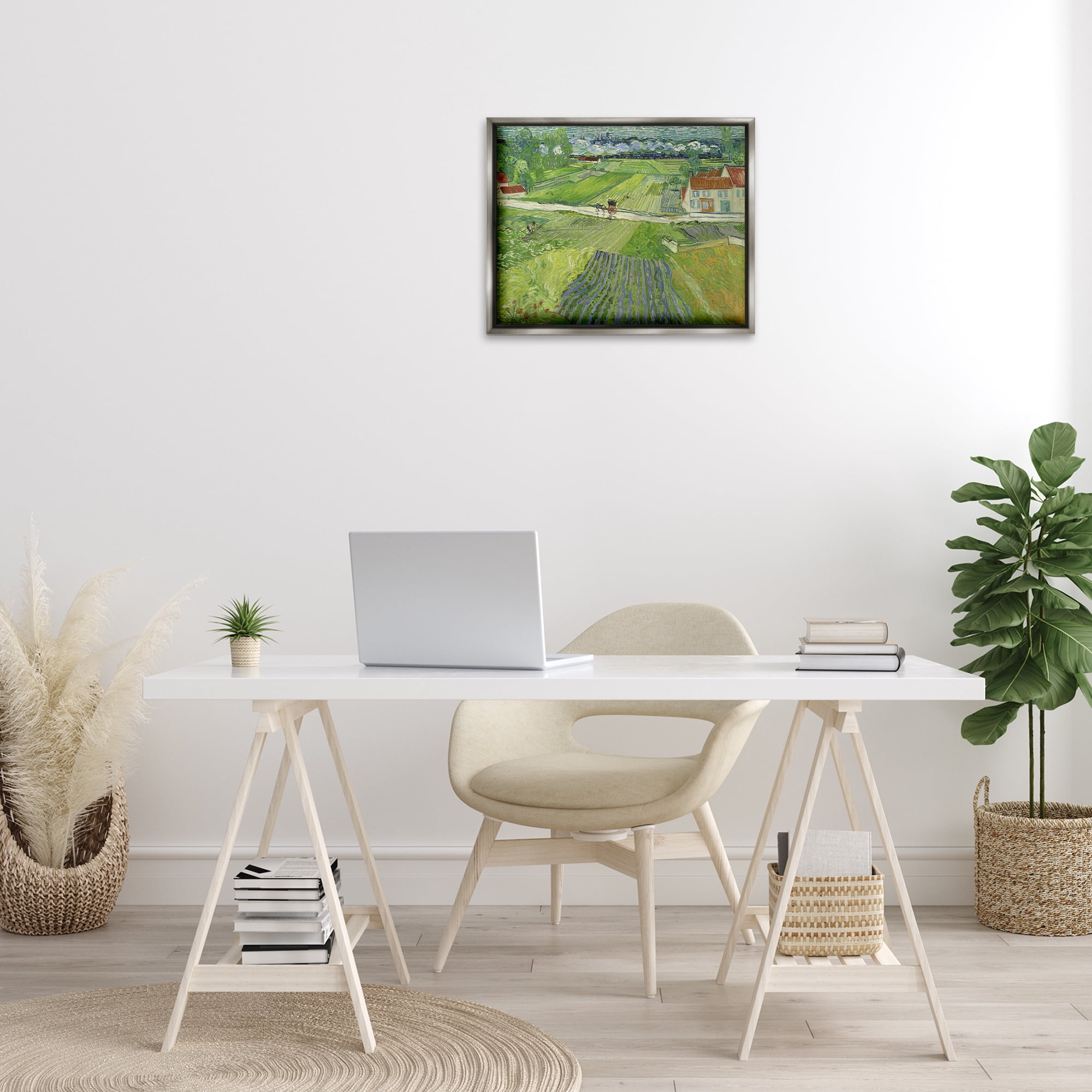 Stupell Industries Van Gogh Carriage & Train Landscape Landscape & Nature Painting Gray Floater Framed Canvas Art Print Wall Art, 21 x 17
