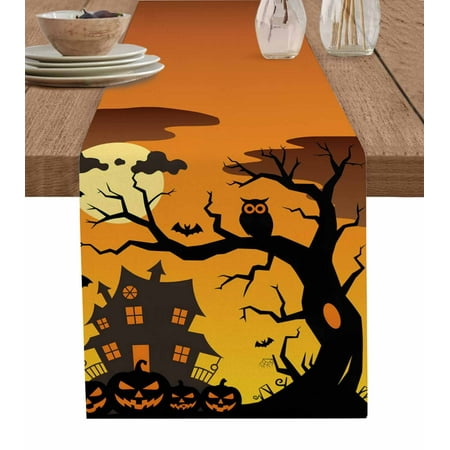 

Halloween Table Runner Pumpkin Castle Owl Moon Tree Orange Tablerunners 13 x 48 Inch Table Decorations Tabletop Scarf for Summer Gathering Holiday Farmhouse Kitchen Dining Decor