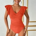 thumbnail image 5 of Xdegoge One Piece Swimsuits for Women V Neck Ruffle Flutter Sleeve Ruched Tummy Control Monokini Bathing Suits Wrap Front Solid Flattering Summer Cruise, 5 of 6
