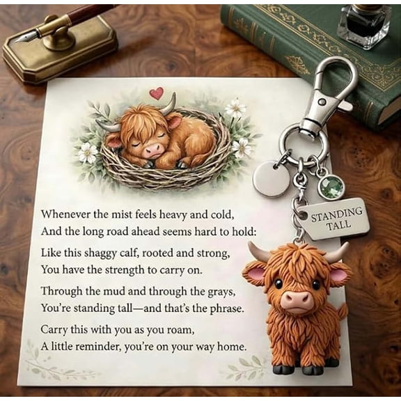 Highland Cow Keychain, Cute Cow Keychain with Birthstone Charm Personalized Animal Keyring Gift with Inspirational Tag for Women Men Bag Accessories