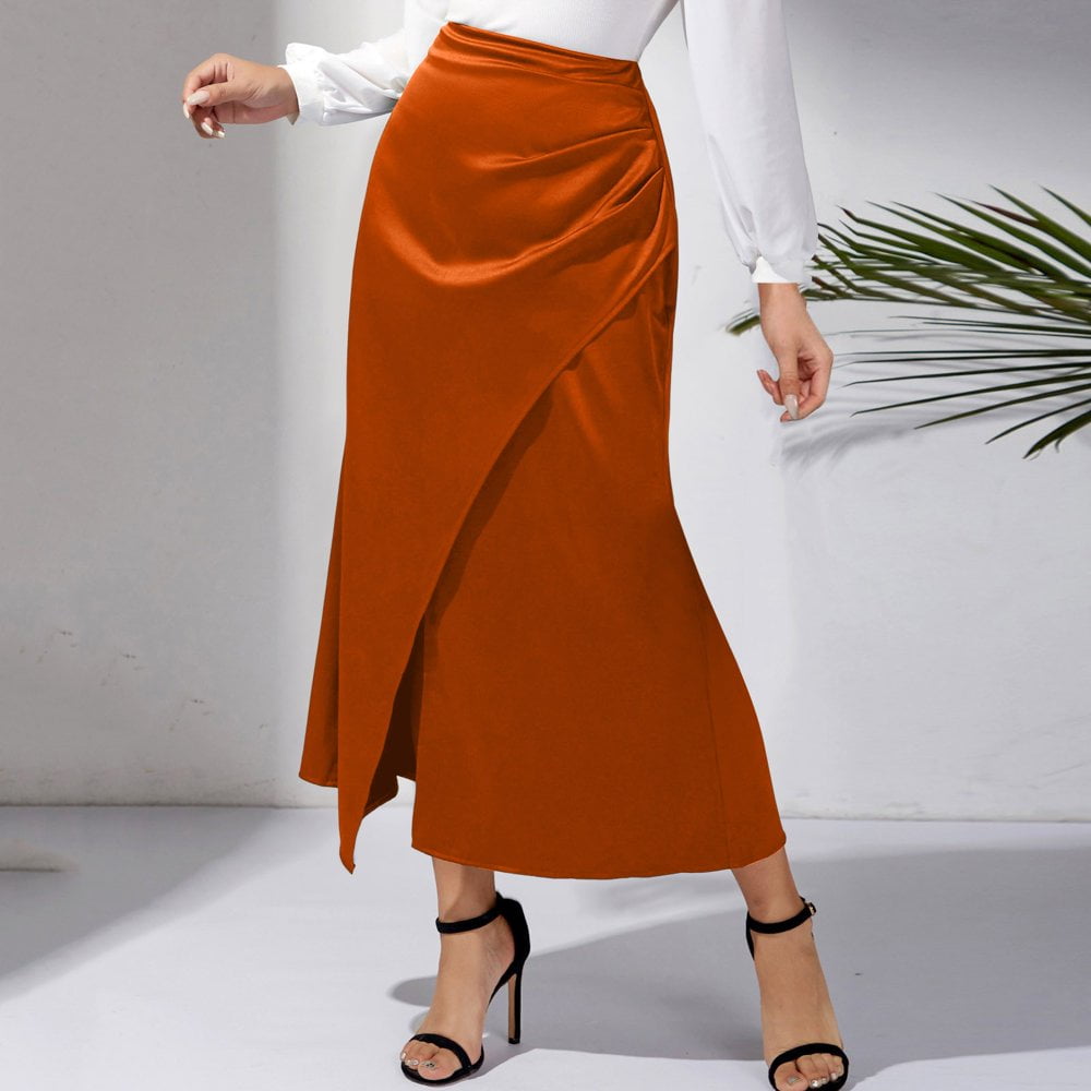 Jupe Longue Plissée en Satin Taille Haute pour Femmes, Jupe Unie
