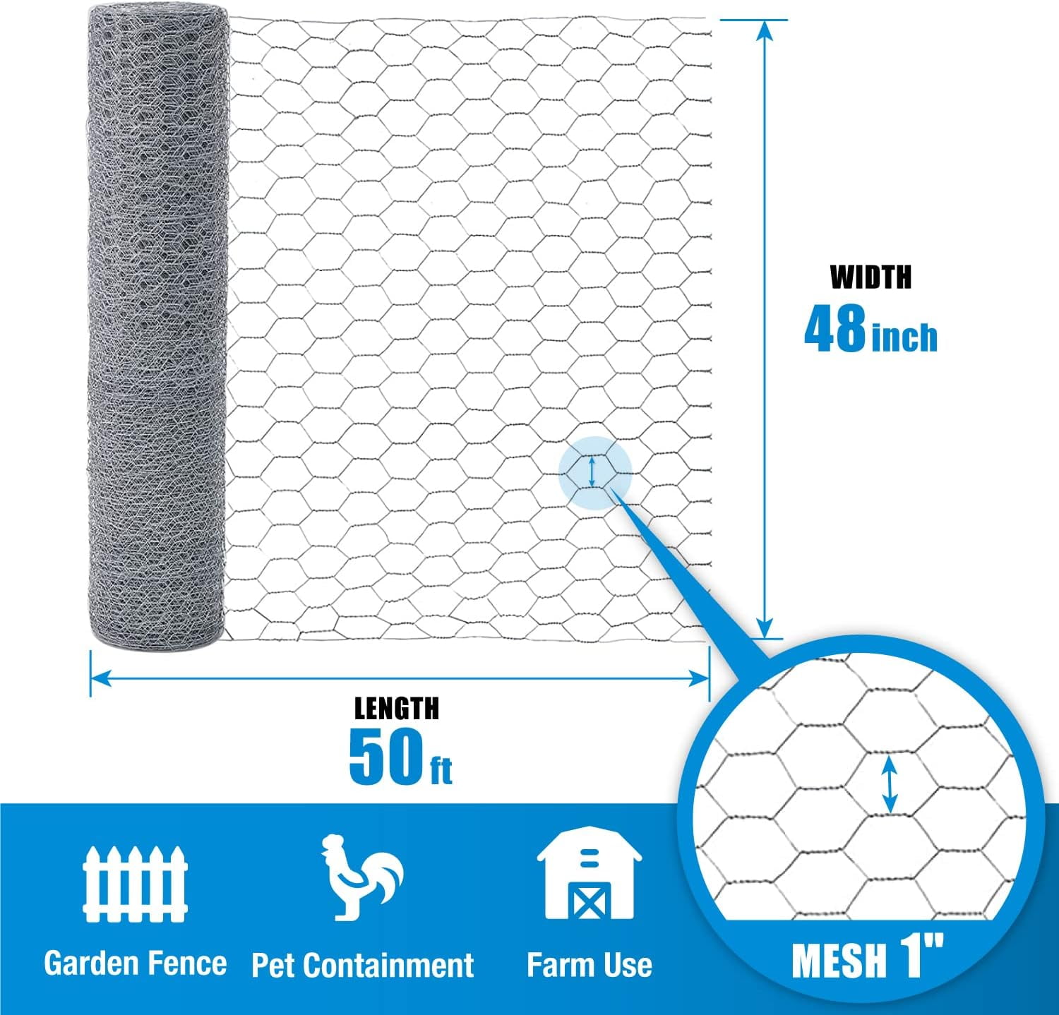 Fencer Wire Poultry Netting Fence, 20 Gauge Galvanized Hexagonal Chicken Wire Fence, 1-Inch Mesh Opening Size (4 ft. x 50 ft.)