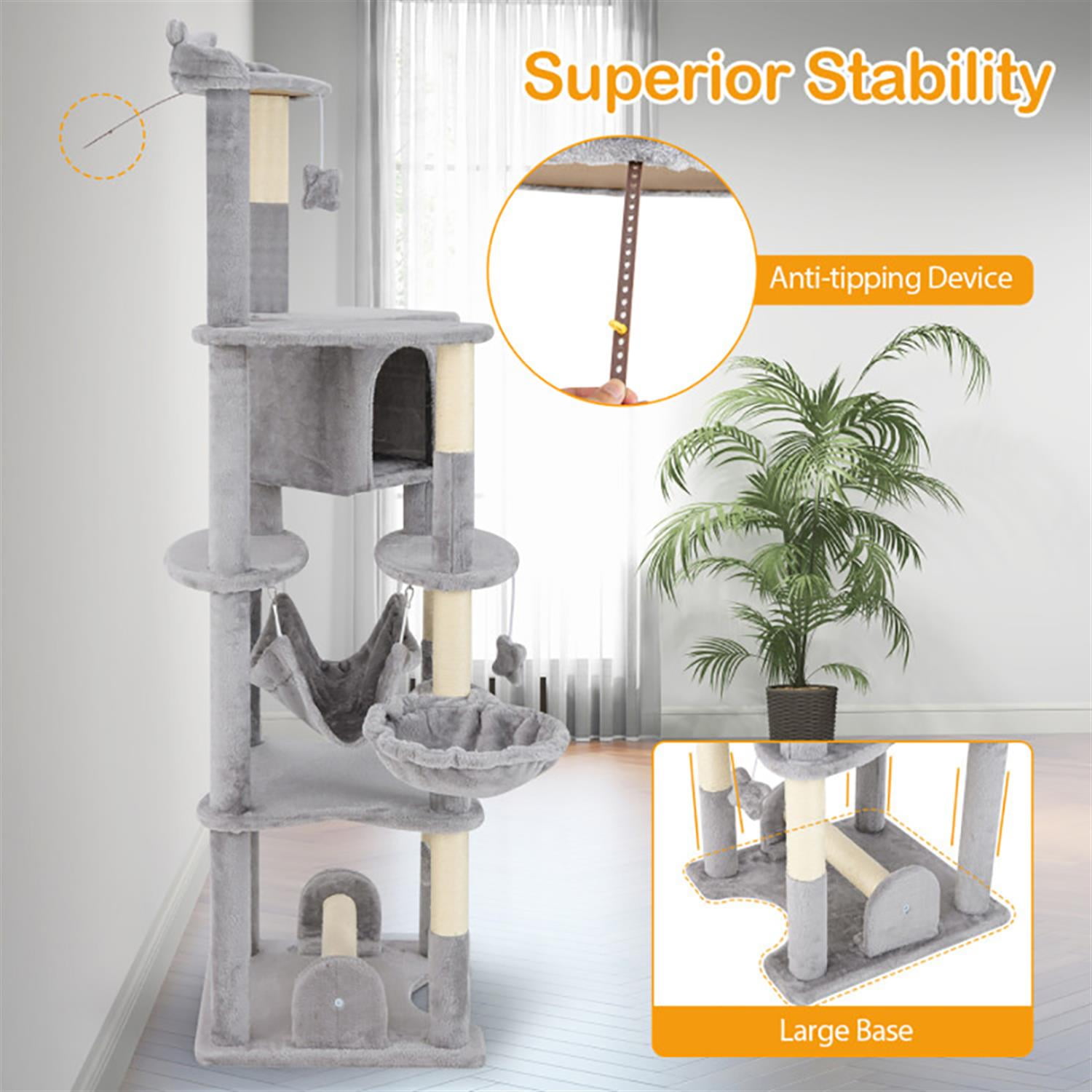 Kadyn 69" Modern Cat Tree with Toy, Cat Tower Condo for Indoor Cats with Cozy Condos, Sisal Scratching Posts and Top Perch, Beige