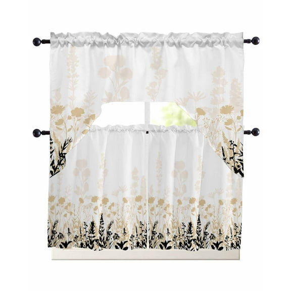 Cream Flowers Kitchen Curtains Swag Valance and Tier Curtains Set 24 Inch Length, Country Pastoral Spring Floral Herbs Rod Pocket Drape Panels Pair Swag Curtain for Bathroom/Cafe/Window