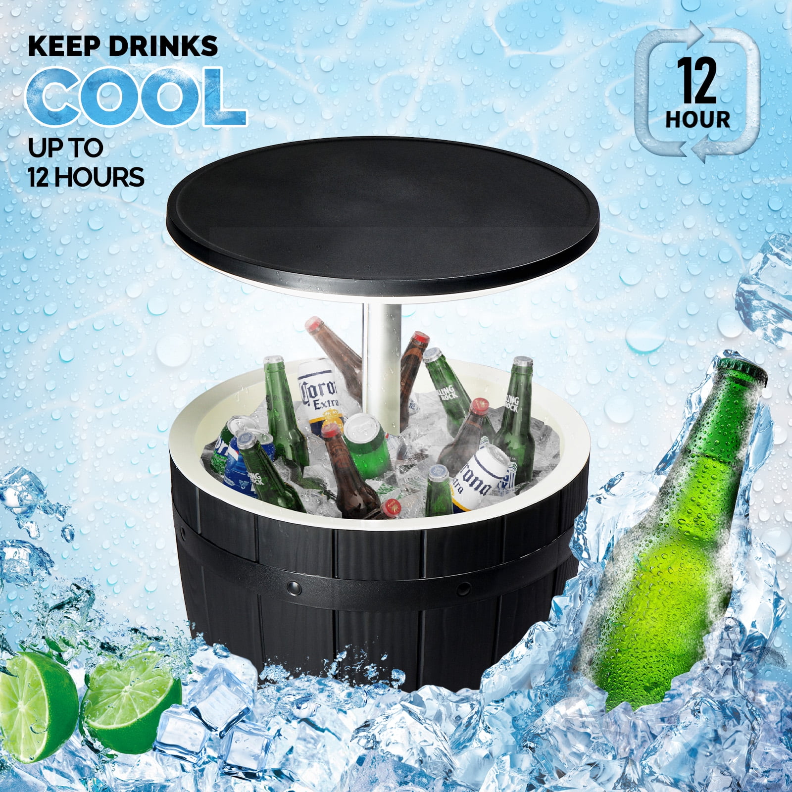BAYUELSWU Outdoor Cooler Table, Height-Adjustable Outdoor Cool Bar w/ 10 Gallon Beer and Wine Cooler, All-Weather Resistant Patio Cooler Ice Cool Bar for Deck Pool Party (Black)