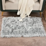 Ghouse Rectangular Grey Area Rug 2x3 feet, Thick and Fluffy Faux Sheepskin Machine Washable Rectangular Plush Carpet, Faux Sheepskin Rug for Living Room, Bedroom, Kids Room
