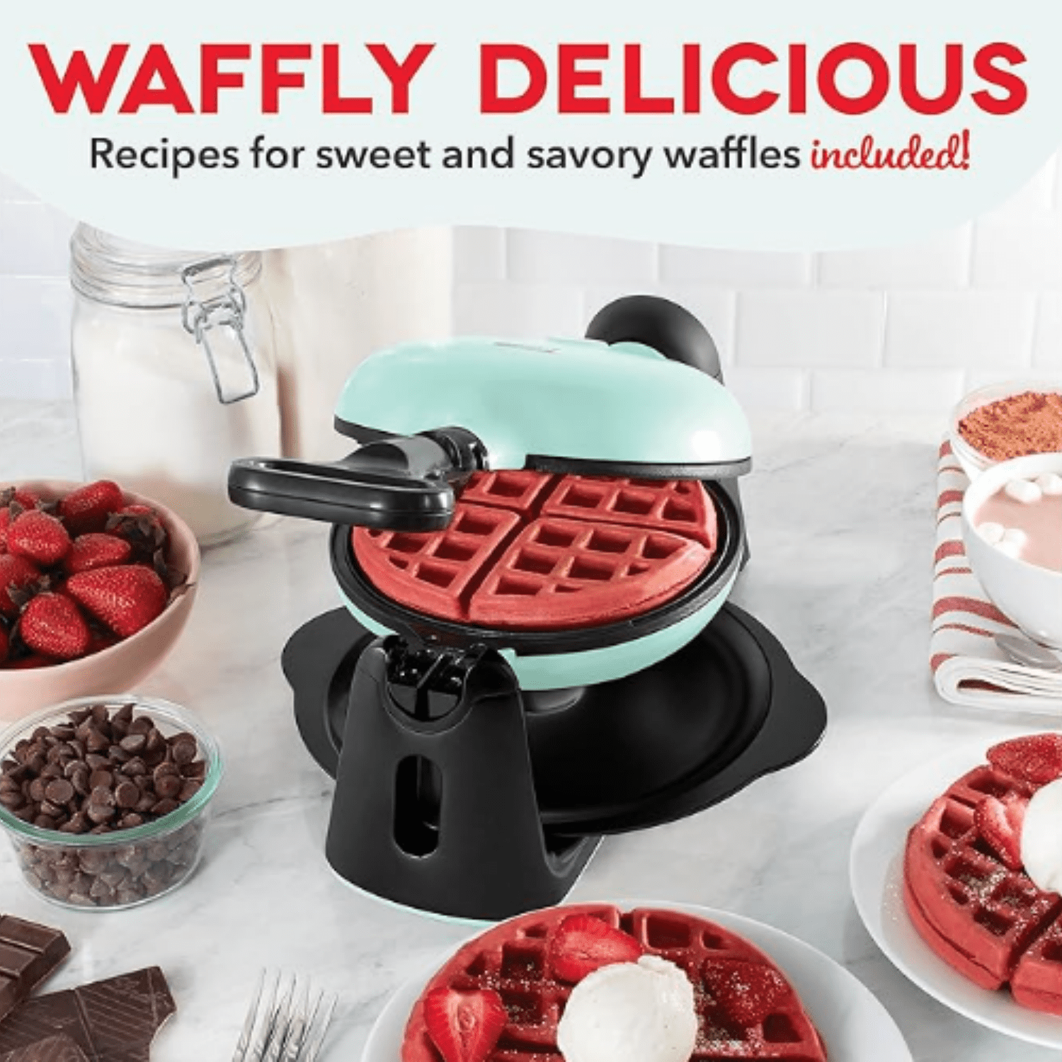 Flip Belgian Waffle Maker – 1” Thick Waffle Mold, Nonstick Waffle Iron with Quick Heat-Up, Surface - Rotating Belgian Waffle Maker for Kids and Families, Just Add Batter (Aqua)