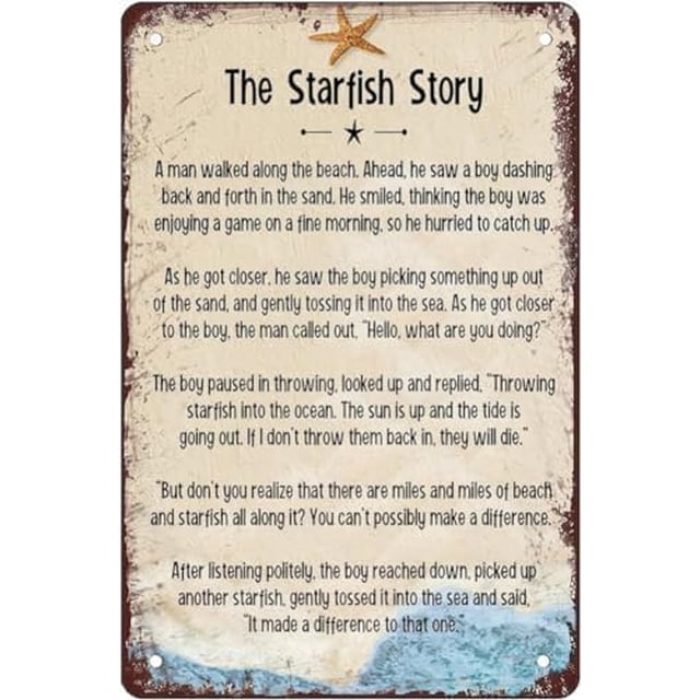 Letrero de hojalata retro de The Starfish Story, ideal como decoración de pared para cafetería, bar o casa, de 8 x 12 pulgadas.