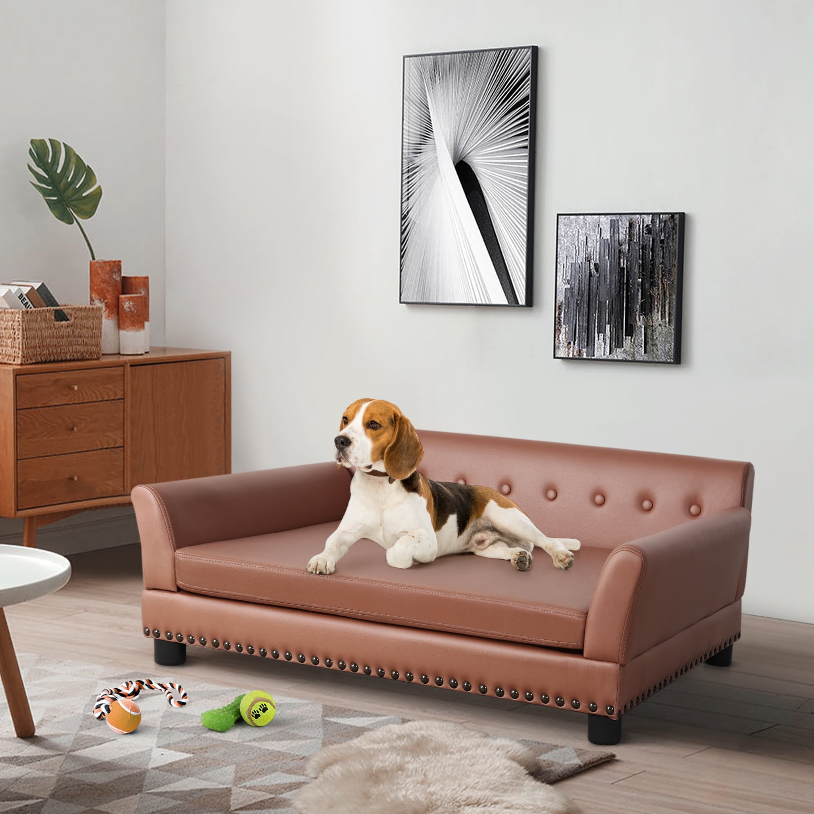 BingoPaw Rectangle Pet Couch Chair Sofa Dog Bed, Large, Brown, 42-in.