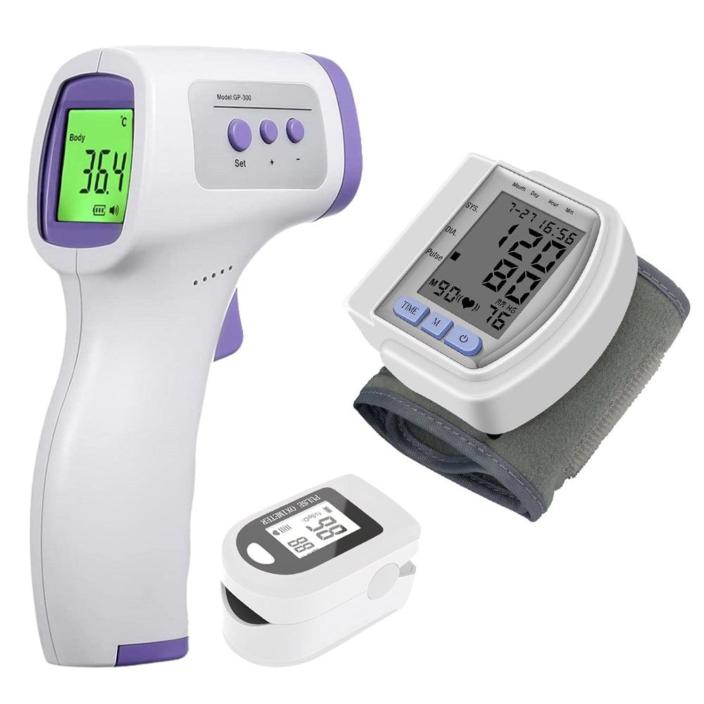Genkent Touchless Digital Infrared Forehead Thermometer, Fingertip Pulse Oximeter, Automatic Wrist Blood Pressure Monitor for Monitor Health at All Times - 3 Pcs Set