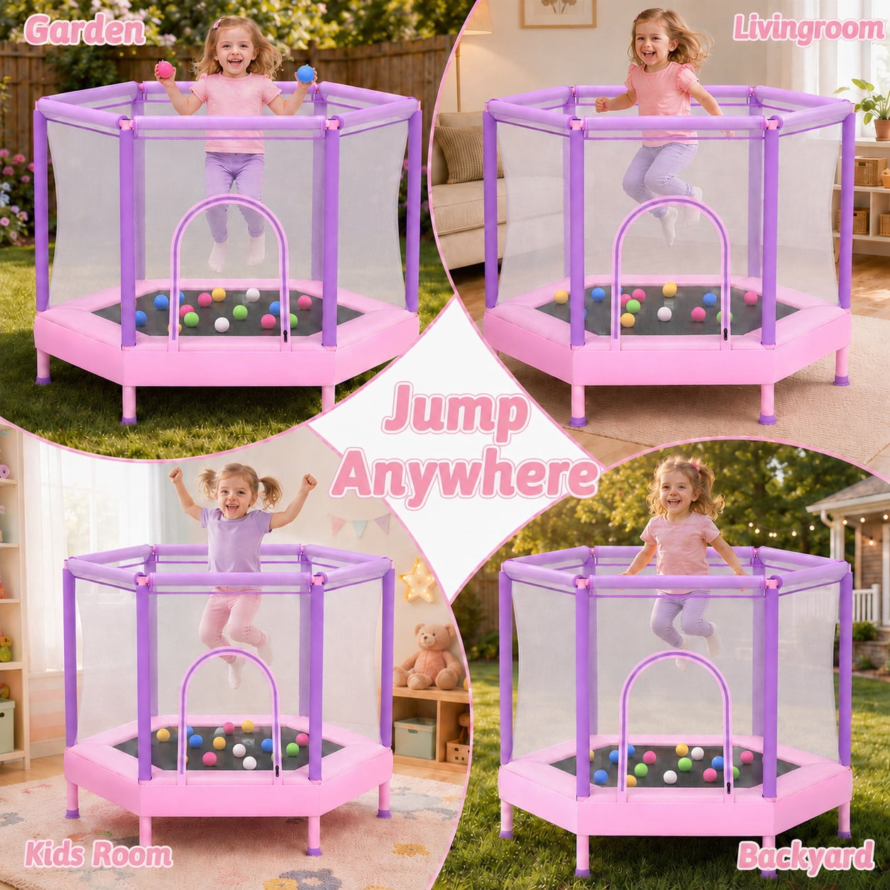 55" Toddler Trampoline with Enclosure Net & Ocean Balls, SHINPT Kids Trampoline for Toddlers Ages 3+, Indoor Trampoline with No Gap Design, Small Trampoline for Kids Room, Living Room, Ideal Gift