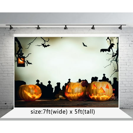 GreenDecor Polyester Fabric 7x5ft Pumpkin Face Photo Backdrops Bat for Halloween Photo Booth Pors Backgrounds