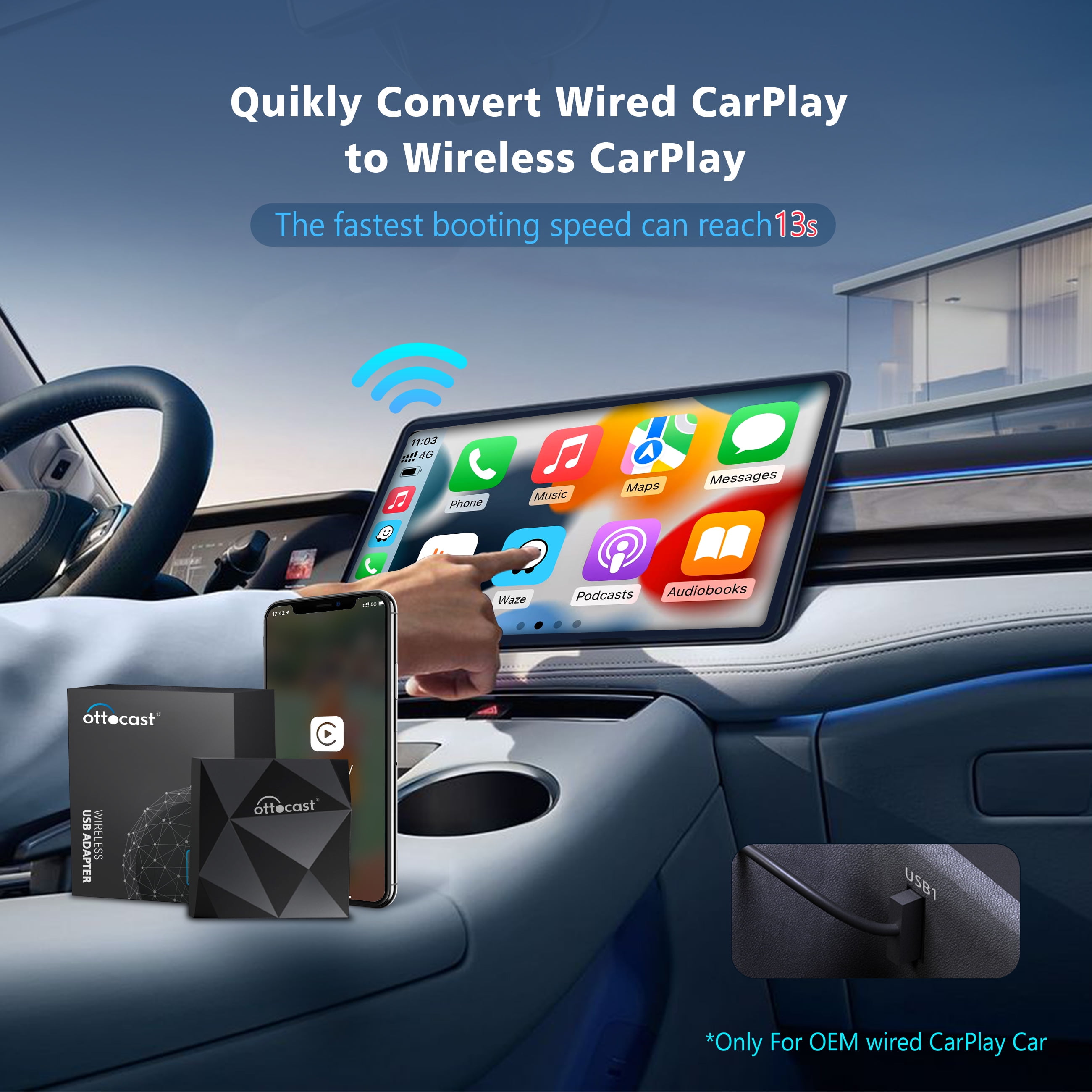 OTTOCAST Wireless CarPlay Adapter 2023 Speed Fastest Apple