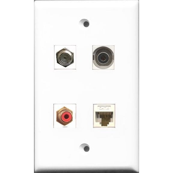 RiteAV 1 Port RCA Red and 1 Port Coax Cable TV- F-Type and 1 Port 3.5mm and 1 Port Cat6 Ethernet White Wall Plate
