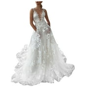 Bridal Dresses for Bride Women's Elegant Lace Dress 3D Flower Cut Wedding Dress Deep V Strap Bridal Evening Dress