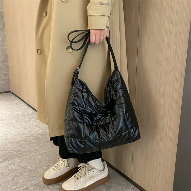 Bolso tote de hombro de moda acolchado de algodón de gran capacidad con asa superior (negro)