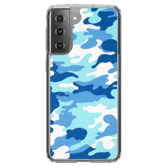 DistinctInk Clear Shockproof Hybrid Case for Galaxy S21 5G (6.2" Screen) - TPU Bumper, Acrylic Back, Tempered Glass Screen Protector - Blue White Camouflage - Camouflage Pattern