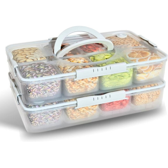 Modern Casual Snack Box, 23 cm (L) x 12.7 cm (H), Stackable 14 Divided Snack Box Bowls with Lids, Charcuterie Tray, Veggie Containers, Reusable BPA Free Plastic (Set of 2, Transparent)