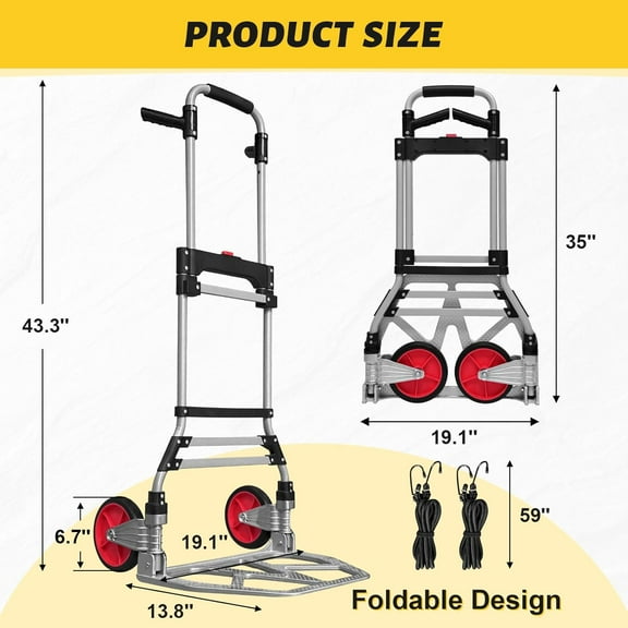 360  Folding Hand Truck Dolly Cart, Upgraded Aluminum Hub Frame, Portable Aluminum Dolly Cart with Swivel Handle and Elastic Cord for Moving, Warehousing, Shopping, Travel, Office Use (Sliver)