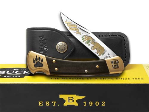 Buck 110 Wild Life Series Bear Ebony Wood Folding Hunter Knife 420HC Stainless Pocket Knife BK110WLS-BEAR