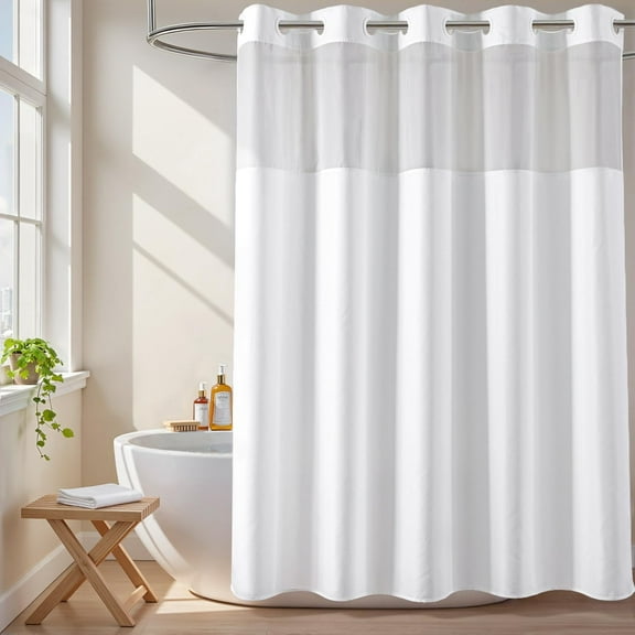 Fabric Shower Curtain with Sheer Window Water Repellent Machine Washable 71 x 74 in White