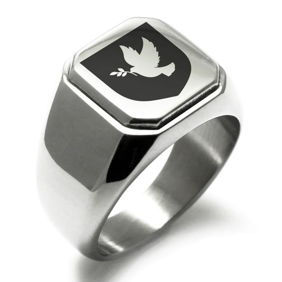 Stainless Steel Dove Peace Coat of Arms Shield Engraved Square Flat Top Biker Style Polished Signet Ring
