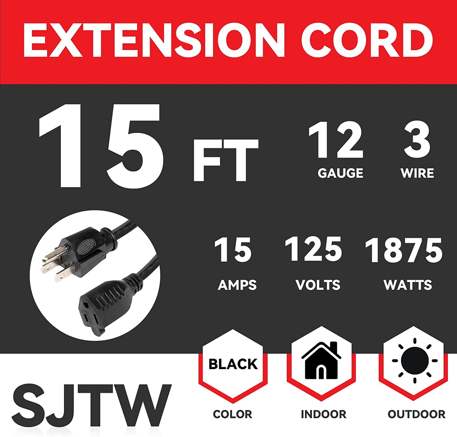 EP 15 Ft 12/3 SJTW Black Outdoor/Indoor Extension Cord, Durable Electrical Cable
