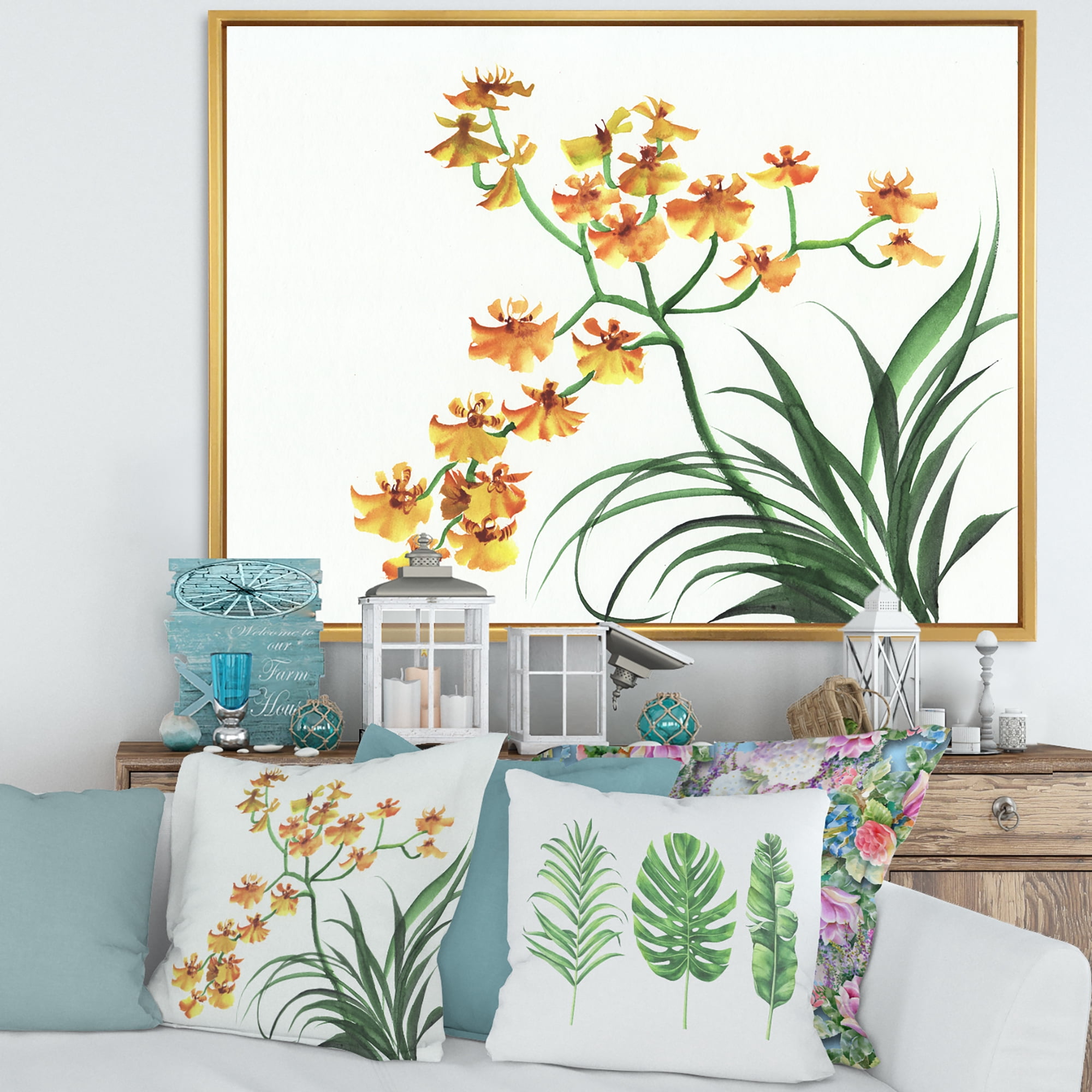 Designart 'Yellow Vintage Orchids On White' Traditional Framed Canvas Wall Art Print