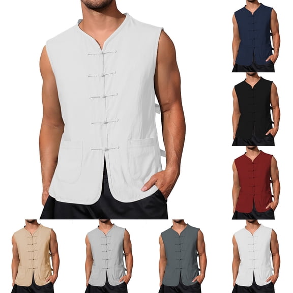 ZHOGXU Male Tank Tops Sleeveless V Neck Solid Color Buttons Pockets Comfortable Breathable Summer Top For Everyday Wear,Black,L