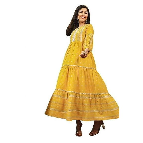 Juniper Mustard Geometric Printed Rayon Tiered Maxi Dress