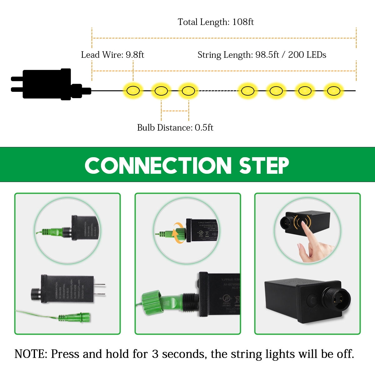GooingTop 200 LED Christmas Outdoor Lights,Total 108ft Super Bright Christmas Lights Plug in Waterproof with 8 Lighting Modes for Holiday Party Bedroom Christmas Decorations Outdoor( White)