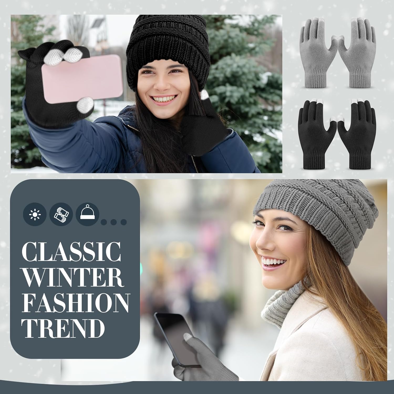 2 Sets Winter Hat and Gloves for Women, Satin Lined Hats for Women Touchscreen Gloves Slouchy Knit Beanies Set