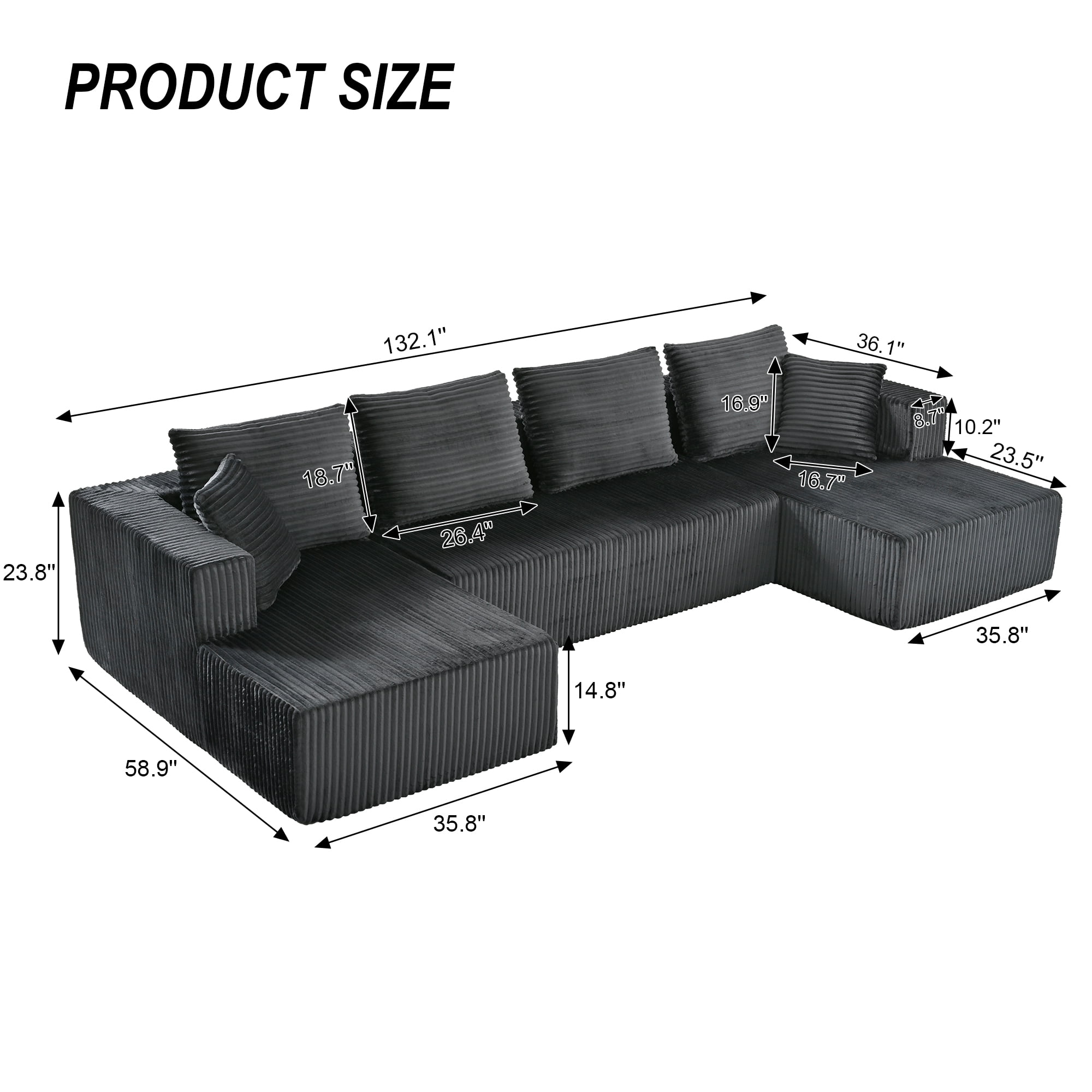U Shaped 132 Inch Modular   Sectional Sleeper Sofa, Boneless  Cloud Couch, Oversized Deep  Seat Corduroy Couch for Living  Room and Apartment, No-Assembly, Gray