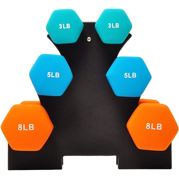 Neoprene Dumbbell Set with Rack, 6-Piece Hand Weights Set (3 lb, 5 lb, 8 lb Pairs), Non-Slip Coated Weights for Home Gym Fitness Training & Workouts