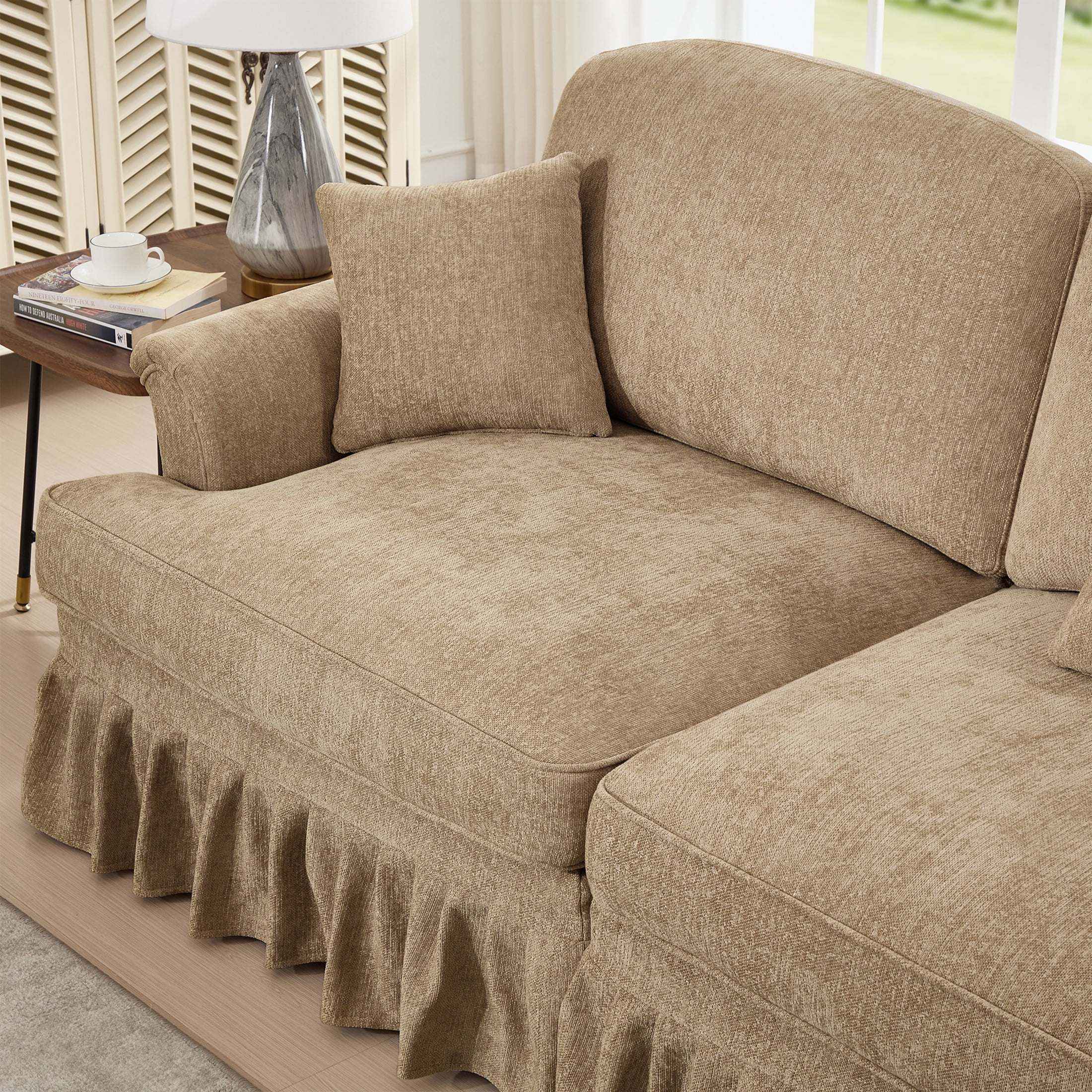 Noble House L-Shaped 2-Seater Sofa with Flared Arms, Removable Pleated Skirt, Spindle Legs, Chenille, Movable Ottoman, Light Coffee