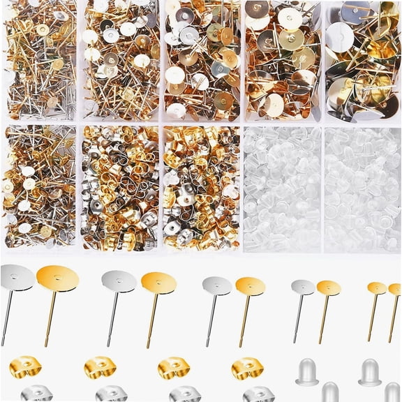 Earring Posts and Backs, 2000Pcs Golden and Silver Hypoallergenic Earring Studs for Jewelry Making Kit and Butterfly Earring Backs and Rubber Earring Backs with Box (4mm, 5mm, 6mm, 8mm, 10mm)
