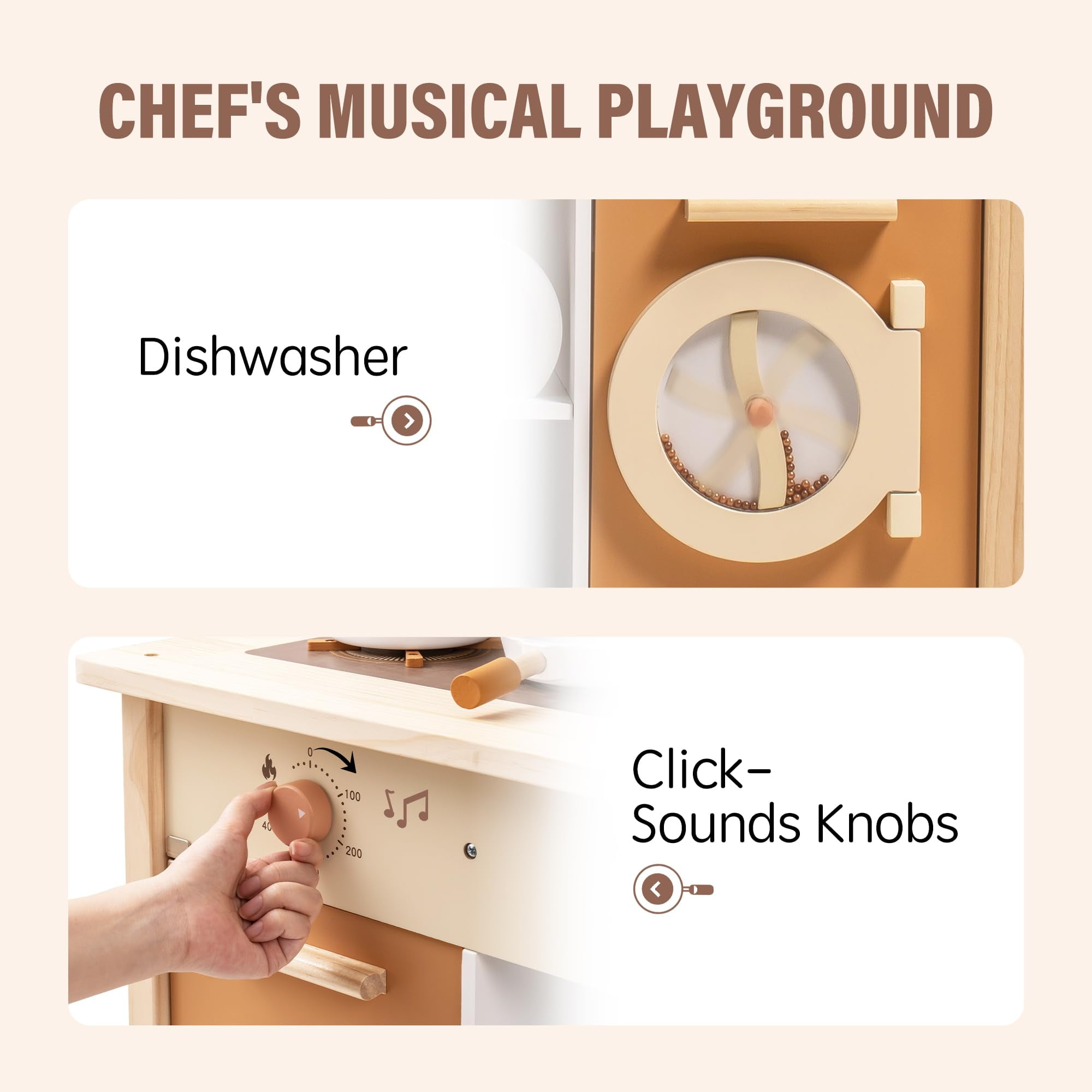 Robud Kids Wooden Kitchen Play Set Pretend Playset Toy with Play Cooker for Kids Boys Girls Age 3+,Caramel