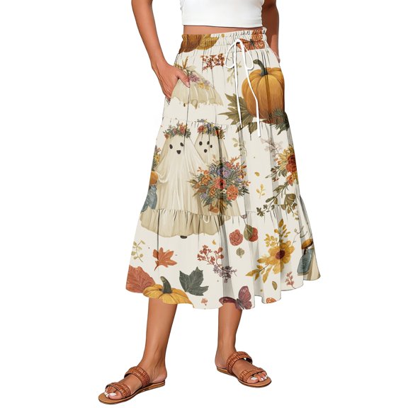 Womens Casual Elastic Waist Drawstring Midi Skirt Halloween Print Vacation Style Ruffle Hem A Line Flowy Skirt