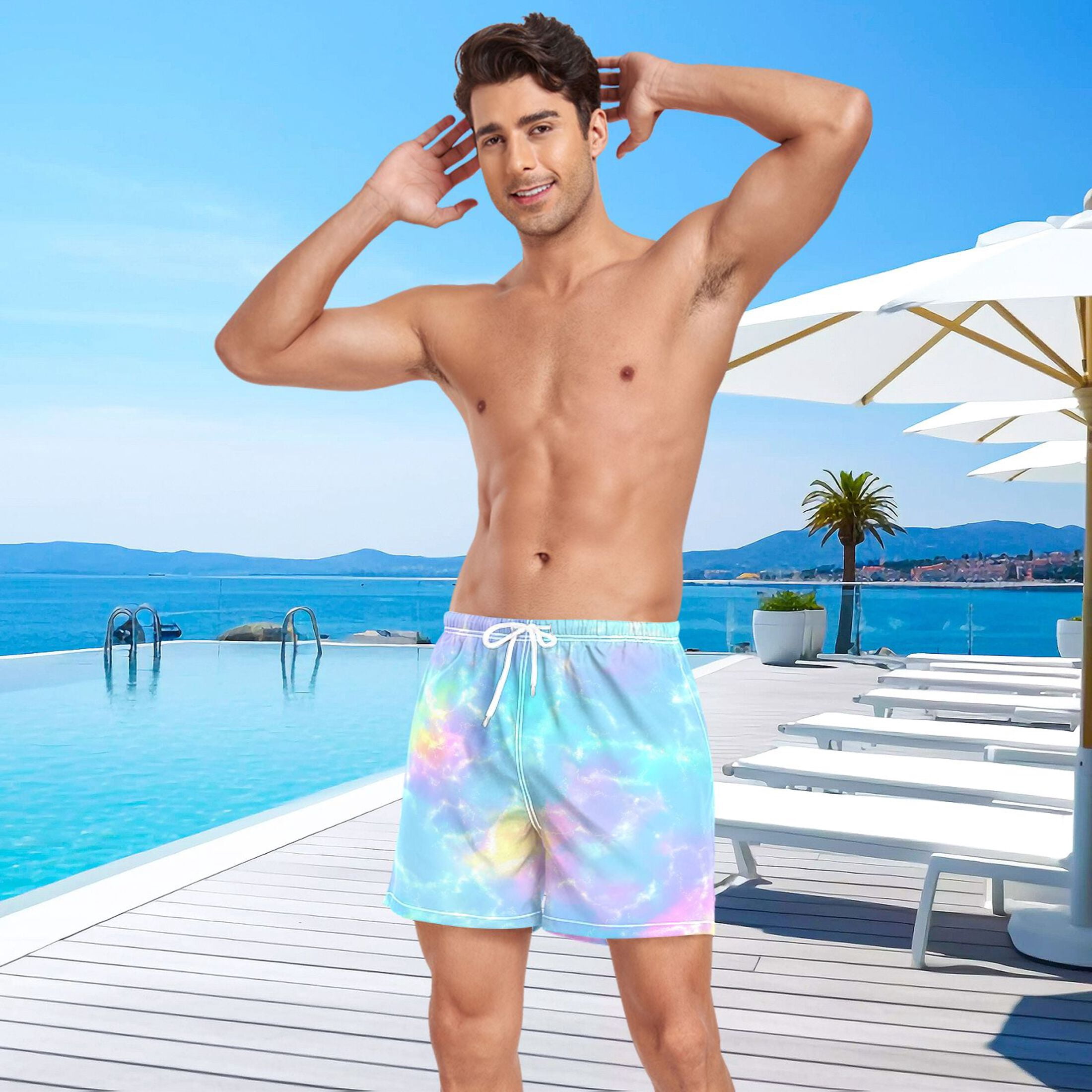 joogoo Men's Tie Dye Swim Trunks with Liner Pocket Beach Shorts Large
