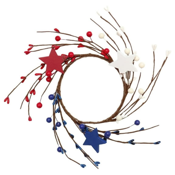 Independence Day Wreath Decoration, FNGZ Patriotic Candle Rings Wreaths Summer White & Red& Blue Mixed Berries & Berry Candle Rings Artificial Holder 10" for 4 of July Home Kitchen Table Centerpiece