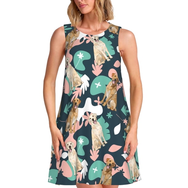 Easygdp Labrador Retriever Dog para Vestido Transpirable de Mujer, Vestido Suelto de Manga Corta con Pliegues y Bolsillos para el Verano
