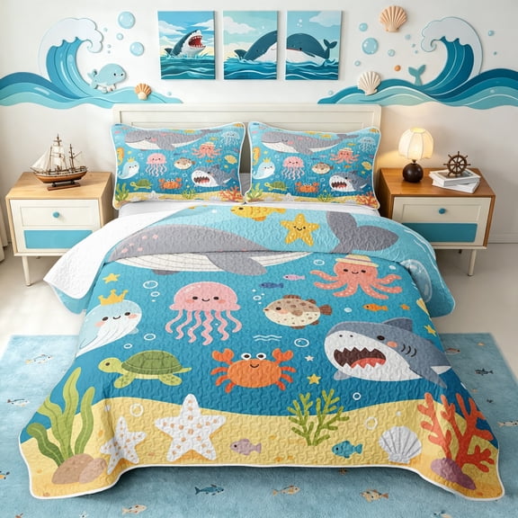 Manfei Cartoon Ocean Twin Quilt Set, Kawaii Whale Shark Twin Coverlet Set, Bright Blue, 2-Piece, 1 Bedspread and 1 Pillowcase
